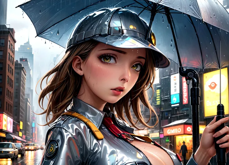 a female version of inspector gadget, cute sexy inspector 2 piece outfit, detective hat that has opened at the top and extended a robot arm holding an umbrella, downpour rain, new york, (best quality,4k,8k,highres,masterpiece:1.2),ultra-detailed,(realistic...