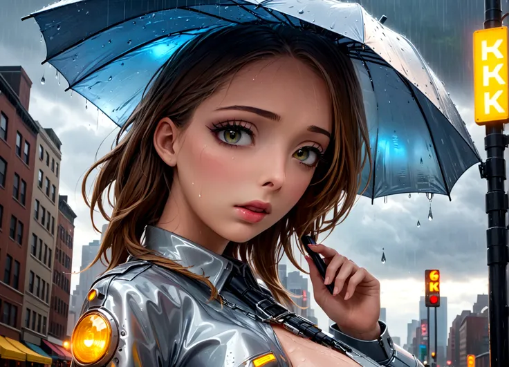 a female version of inspector gadget, cute sexy inspector 2 piece outfit, detective hat that has opened at the top and extended a robot arm holding an umbrella, downpour rain, new york, (best quality,4k,8k,highres,masterpiece:1.2),ultra-detailed,(realistic...