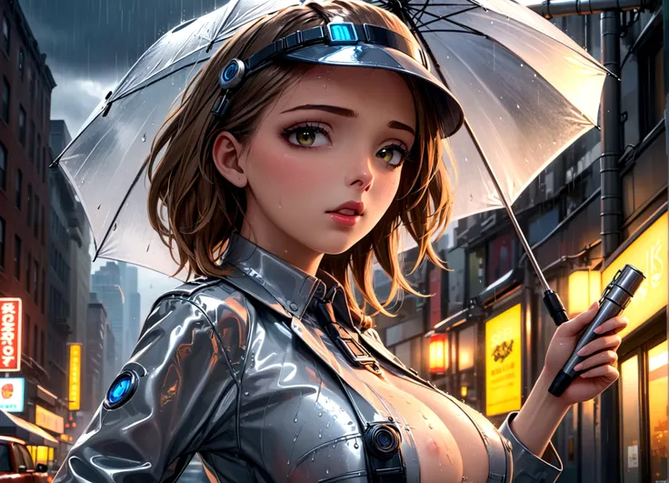 a female version of inspector gadget, cute sexy inspector 2 piece outfit, detective hat that has opened at the top and extended a robot arm holding an umbrella, downpour rain, new york, (best quality,4k,8k,highres,masterpiece:1.2),ultra-detailed,(realistic...