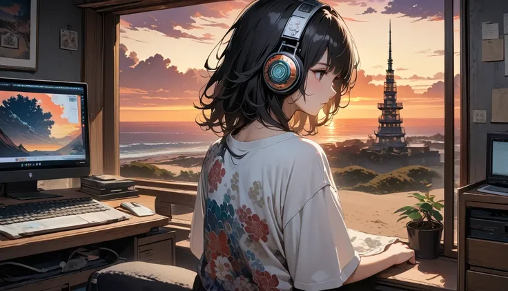 ((8k of extremely detailed CG unit, Masterpiece, high resolution, highest quality, highest quality real texture skin)), (((shoot from behind))), (wearing Japanese pattern headphones), ((1 girl)), ((Tower apartment)), ((Computer operation)), ((Sunset beach ...