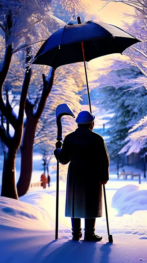 a peaceful old man holding an umbrella in the snow, giving his umbrella to a jizo statue, detailed face, detailed clothing, realistic lighting, beautiful winter landscape, soft color palette, cinematic composition, intricate details, masterpiece, photoreal...