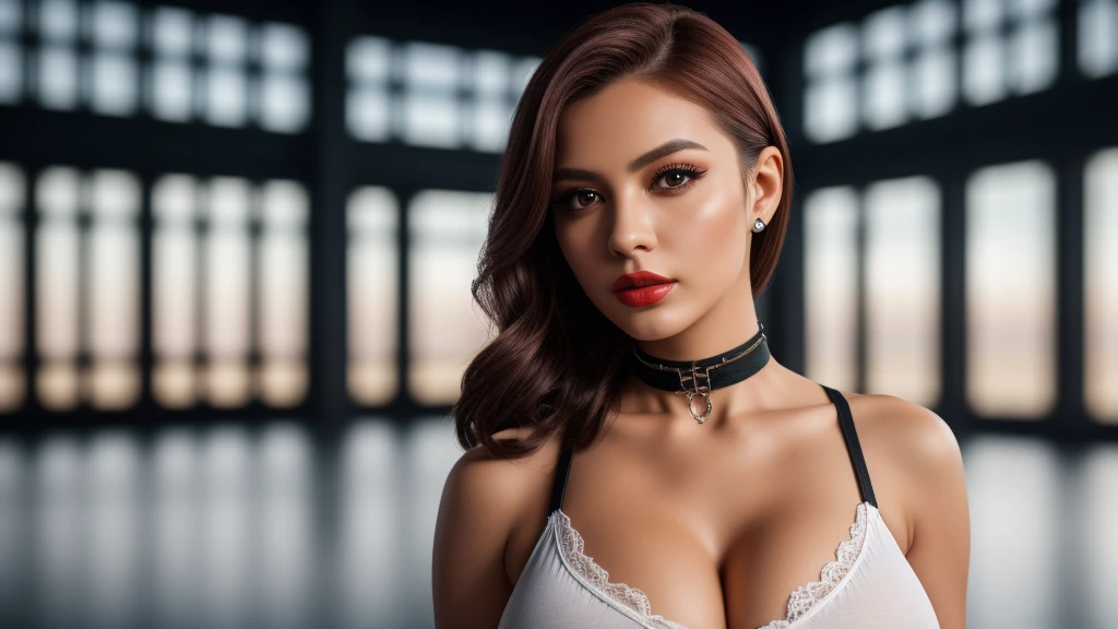 tmasterpiece,best qualtiy,hdr, hyper HD, 8K,Bokeh,Ultra-fine painting,Sharp focus,Physically-based rendering,Extreme detail description, half-body photo，looking at viewer, choker, dark eyeshadow:1.5, (red lipstick:0.9), (big breasts:1.3), (EOS R8, 50 milli...