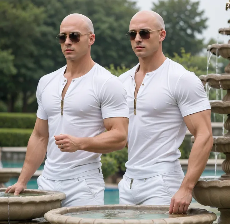 ((8k ((best quality)), ((masterpiece)), (very detailed), real face bald male very muscular male upper body wear white chlotes sunglasses stand by fountain