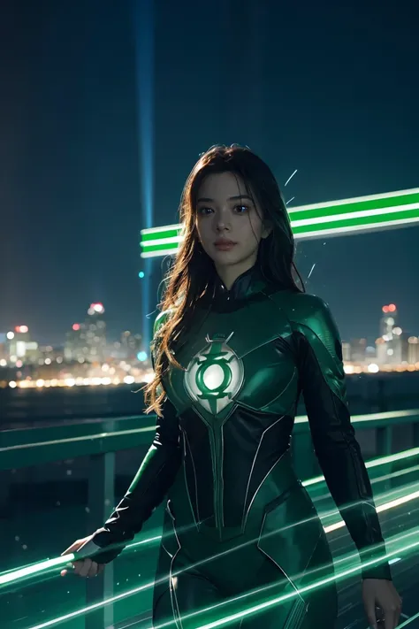 scene from the movie, woman dressed as green lantern from dc, extremely detailed, futuristic cityscape, nighttime, glowing neon ...