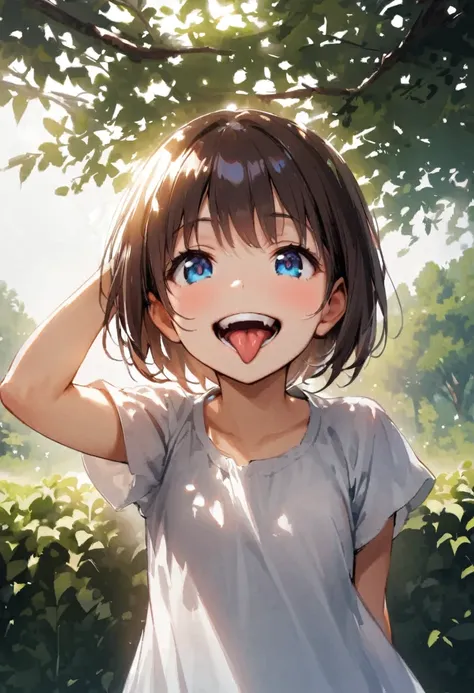 headshot、Sticking out tongue、Stretching out the tongue、Teeth are visible、Close-up of face、Summer Scenery、Light clothing、Girl、Girl、Short、Younger、Lower school year、Baby Face、Both eyes open、flat chest、smile、sunlight
