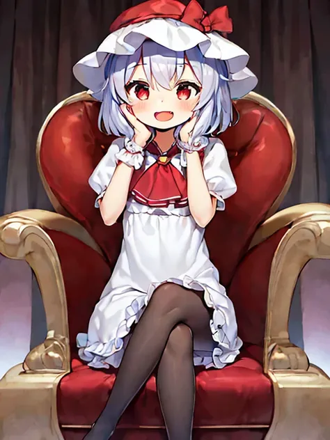 1girl, solo, remilia scarlet, hat, ascot, wings, red eyes, smile, sitting, puffy sleeves, short sleeves, mob cap, open mouth, wr...