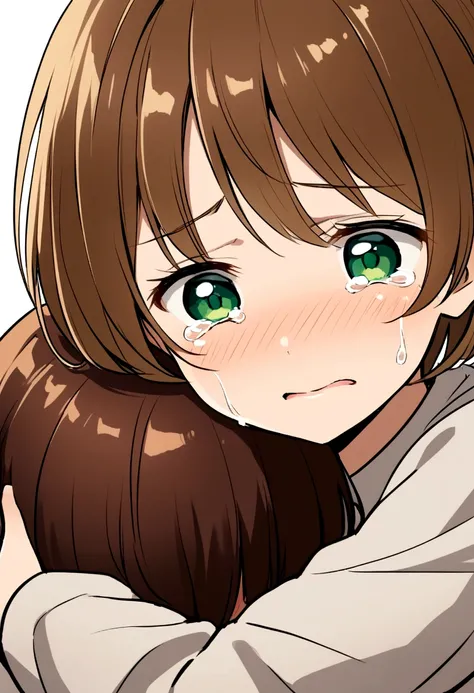 A little anime girl with brown hair and green eyes, crying while her short-haired mother hugged her.