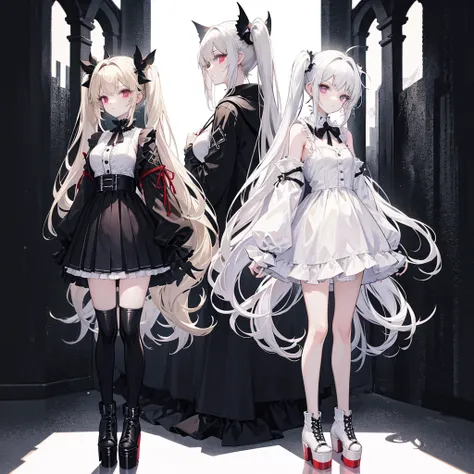 Full body, standing back to back, two girls around 20 years old, beige hair, white hair, twin tails, long hair, gothic fashion, platform boots, white background