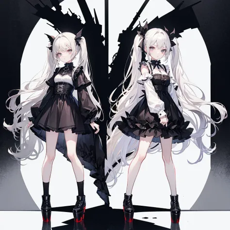 Full body, standing back to back, two girls around 20 years old, beige hair, white hair, twin tails, long hair, gothic fashion, platform boots, white background