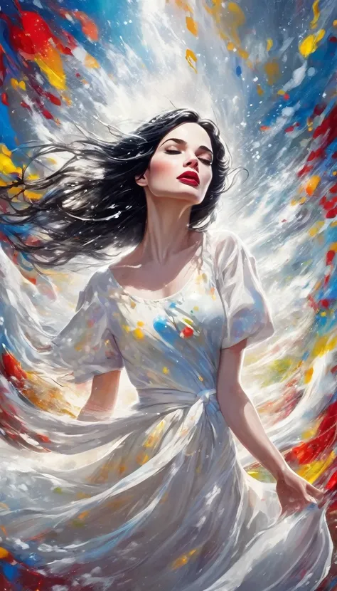 Eclipse of beautiful attractive snow white lady, flowing weather,  lovely day,  , perfect composition, breathtaking illustration, ,  , deep details,  colorful knots,, reflections, colored cotton , shallow painting  splashes, text "Fear"