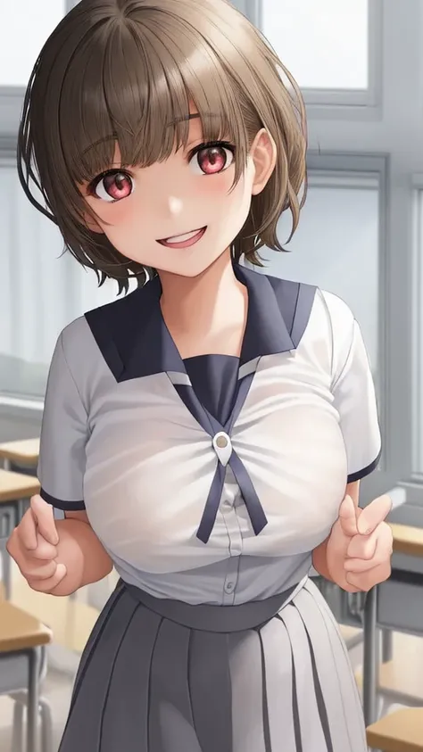 One female middle school student，Short-sleeved white sheer school uniform，Gray skirt，light brown short hair，Big boobs，Face red，Smile，Sunlight，Inside the classroom，Chest button fight，Expose，Mature