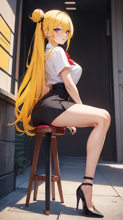 Beautiful woman, yellow hair with red bun, long hair, purple eyes, freckles on face, white shirt, black edges shirt, blue miniskirt, high heels, two-tone high heels, red bow miniskirt, showing butt