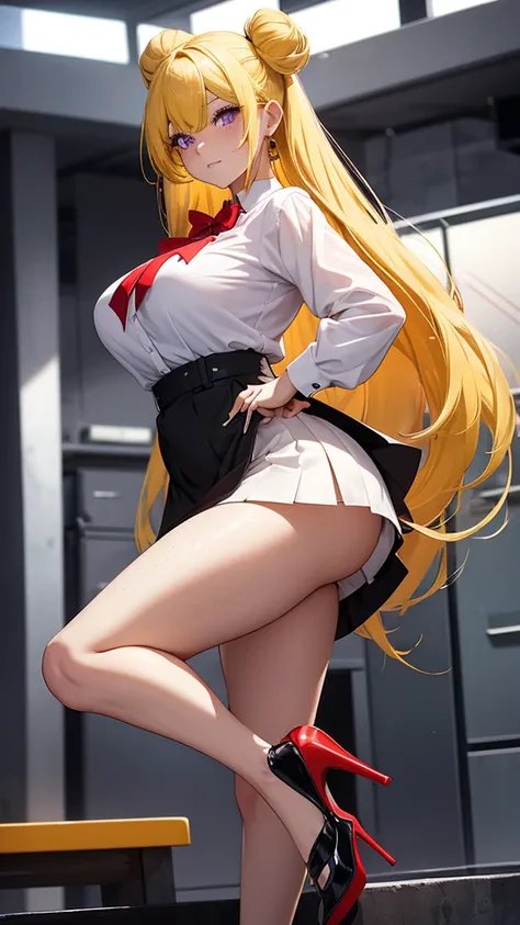 Beautiful woman, yellow hair with red bun, long hair, purple eyes, freckles on face, white shirt, black edges shirt, blue miniskirt, high heels, two-tone high heels, red bow miniskirt, showing butt