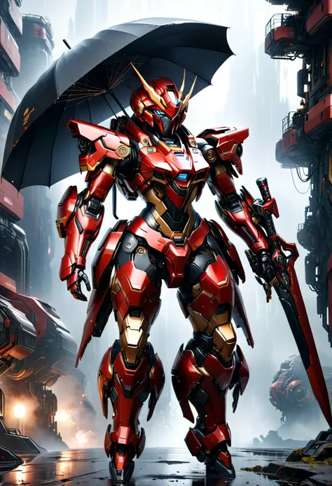 girl, beautiful, ((right hand holding sword and left hand holding umbrella)), (white, gold, black and red sci-fi armor), mecha e...