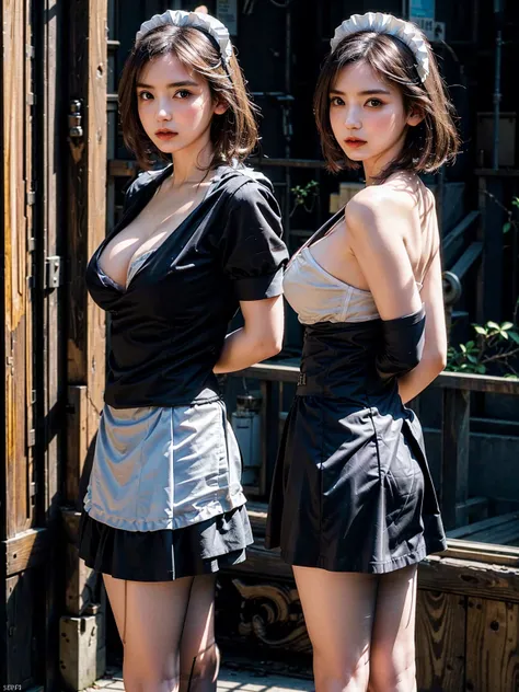 (41k4:1), masterpiece, Best Quality, 8K, Raw photo, (wearing maid uniform:1.5), top-notch quality, masterpiece, (arms behind back:1.5), (2 pretty Japanese girls), (wearing black stockings:1.2), exceptionally detailed RAW color photo, professional-grade pho...