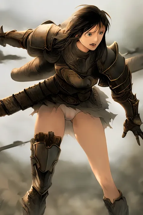 female knight　Black Hair　armor　Torn Skirt　White underwear　battlefield