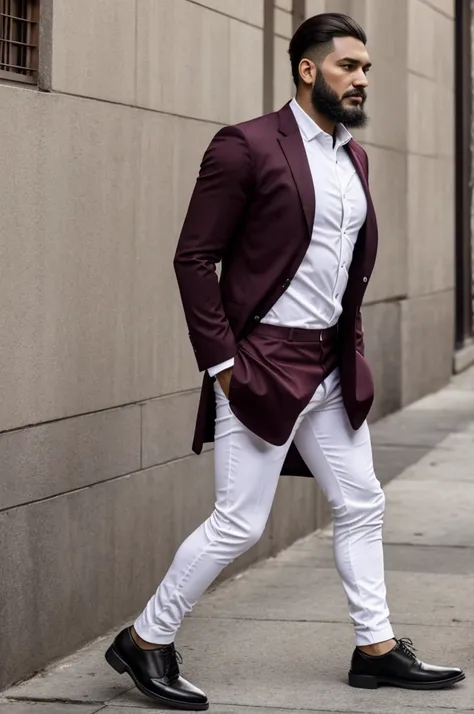 Bearded man, to wear a vinotinto shirt and a button-down shirt, with a white tie, also white pants and black shoes 
