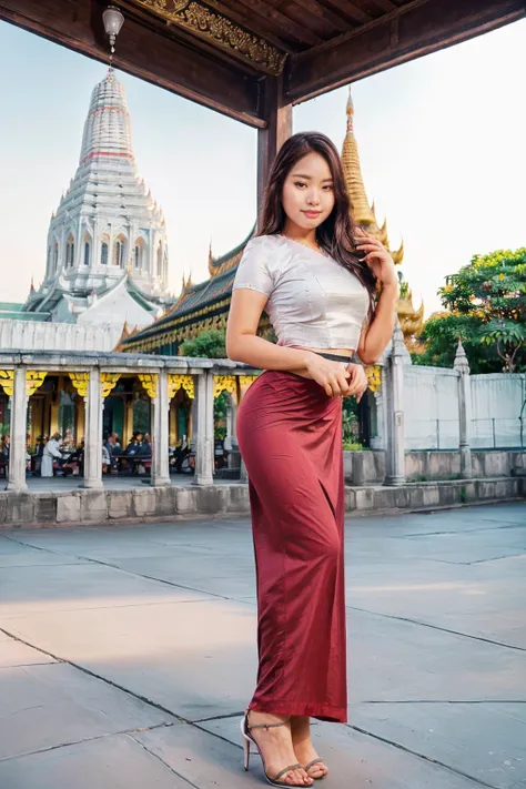 arafed asian woman in a satin dress standing in front of a crowd, (((full body view:2))), ((pretty lady MoonLay)), (pretty lady MoonLay), ((((pretty lady MoonLays innocent cute face and cute small smile)))), ((perfect pose for photography:1.4)), ((wearing ...