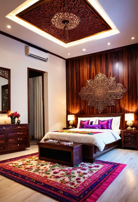 A beautiful bedroom made of rosewood decor design, intricate patterns, colorful lightings,