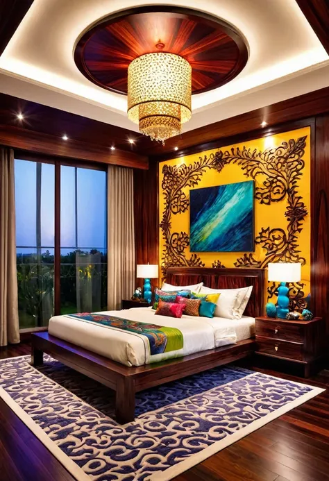 A beautiful bedroom made of rosewood decor design, intricate patterns, colorful lightings,