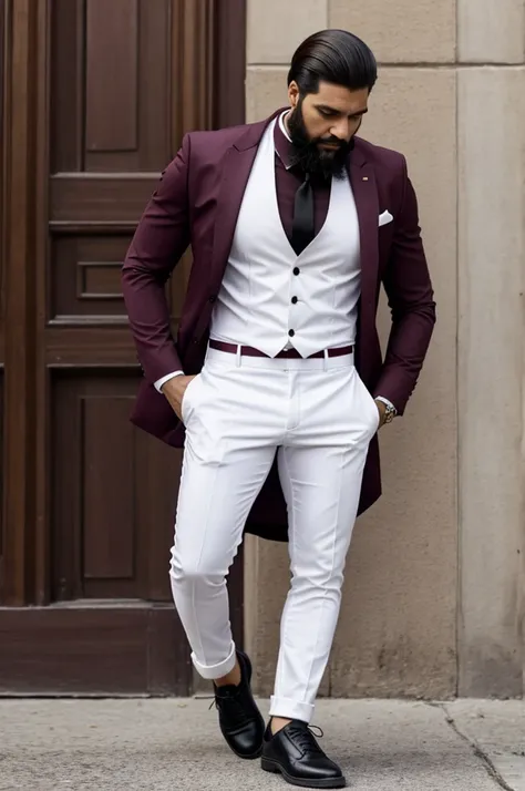 Bearded man, to wear a vinotinto shirt and a button-down shirt, with a white tie, white pants too and black shoes 
