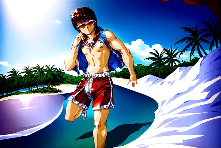 1garoto, white sunglasses with blue lenses, dark brown hair with curtain bangs, skin tanned, six pack abs, red shorts, beachfront, silver clip earring, ssmile, high qualiy, boku no hero style