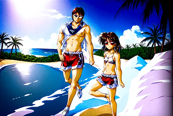 1garoto, white sunglasses with blue lenses, dark brown hair with curtain bangs, skin tanned, six pack abs, red shorts, beachfront, silver clip earring, ssmile, high qualiy, boku no hero style