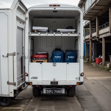 A suzuki multicap fouble cab with a carry on the back 