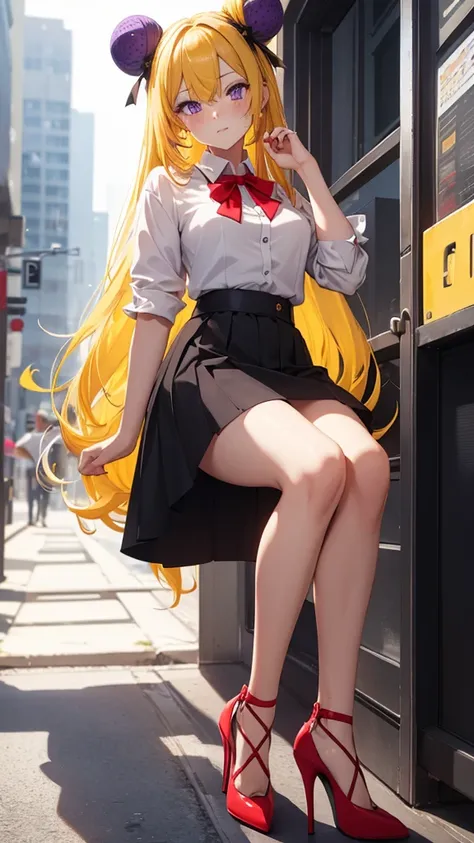 Beautiful woman, yellow hair with red bun, long hair, purple eyes, freckles on face, white shirt, black edges shirt, blue miniskirt, high heels, two-tone high heels, red bow miniskirt