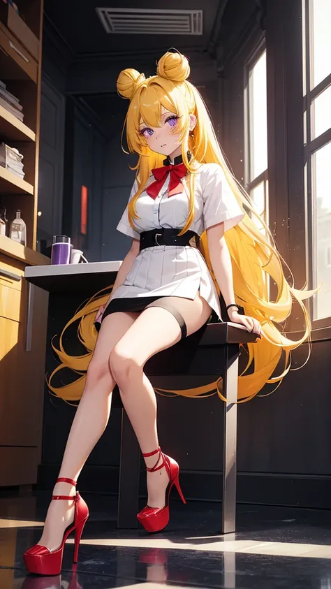 Beautiful woman, yellow hair with red bun, long hair, purple eyes, freckles on face, white shirt, black edges shirt, blue miniskirt, high heels, two-tone high heels, red bow miniskirt