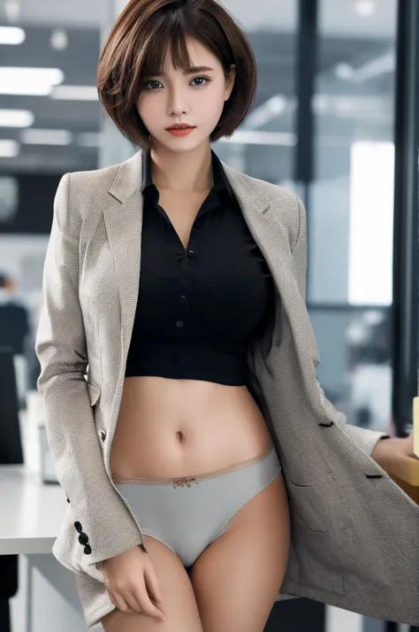 a 19 year old face of the most beautiful actress in the world, the short hair cut of a female is just like male one, the perfect body proportions of a female, blazer with shirt are covering large breasts of a female, panties between bare legs are almost se...