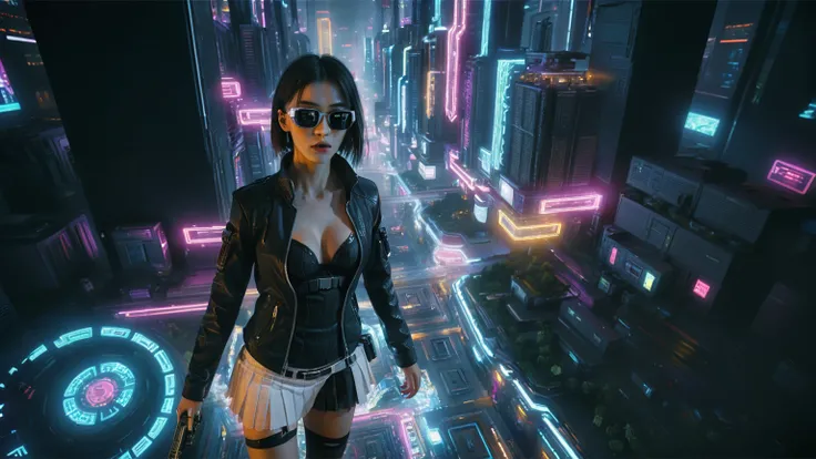 Cyberpunk female plagiarist immersed in digital theft, neon-lit alias within a vast online labyrinth, grotesque grunge brushing into surrealism, illuminated by kaleidoscopic volumetric light, a detailed masterpiece reminiscent of Moebius distinctive style,...