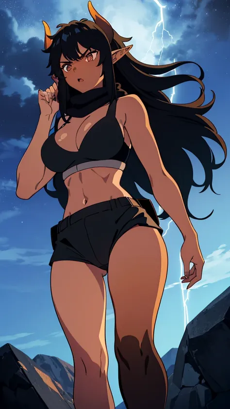 ((1girl,solo,mature female,tall)),big breasts,long hair, black hair,angry expression,horns,elf ears,black scarf,cleavage,(((dark skin))),((black sports bra, midriff)),(((pantyhoses))),(walking,night sky,night,thunder,lightnings,thunder clouds,montain),from...