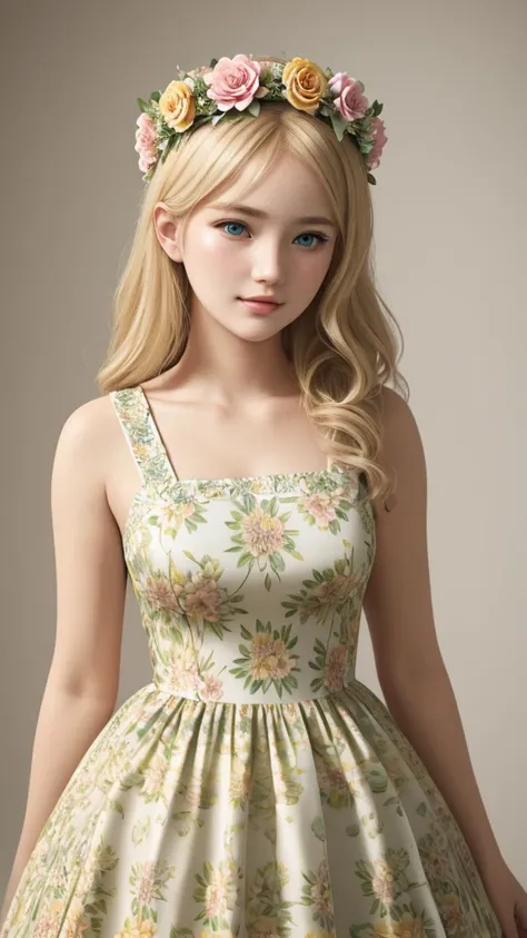 Blonde teenage girl wearing a beautiful flower crown, dressed in a flower patterned dress that is unimaginably beautiful.,hyper realistic,3D,18k,full body, masterpiece , ultra fine details.