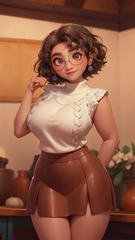 mirabel madrigal, glasses, SMILE, ((sleeveless sweater)), market bottom, (((tube skirt))), (((Brown leather))), detailed skin, perfect legs, perfect thighs, (((curvy body))), big breasts, take from behind, backwards, showing the ass