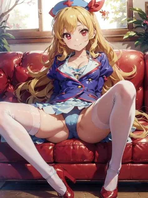 a cartoon of the sexy anime cartoon character is laying down on a couch, 1girl, breasts, solo, nurse, underwear, hoshimiya ichigo, nurse cap, panties, thighhighs, red eyes, white thighhighs, hat, white panties, Blonde hair, spread legs, large breasts, smil...