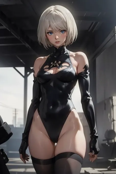 yorha no. 2 type b, neckline on the chest, white panty, black stockings, high black boots, gloves, showing eyes, black and white leotard, Bob hairstyle, Cutouts on the shoulders, Cutouts on the chest, Neckline at the waist, ((leotard)), gloomy composition,...