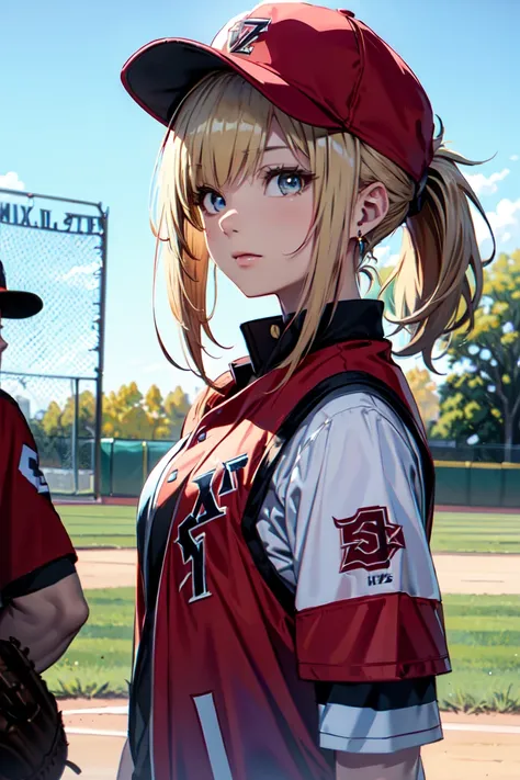 ((at the baseball field with the cat)),((cat ears)), ((sleeveless)),((wine red baseball cap)),((wearing a wine red baseball unif...