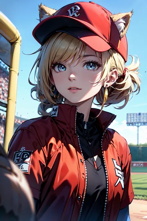 ((at the baseball field with the cat)),((cat ears)), ((sleeveless)),((wine red baseball cap)),((wearing a wine red baseball unif...