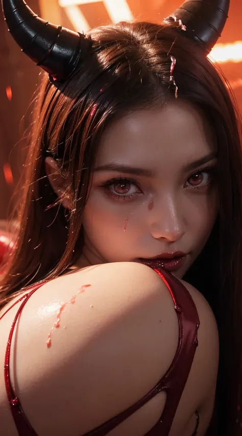 Succubus character, Devil horns, Realistic, Abyss scene, Very beautiful face, Very fine grain, Red glowing eyes, Pink long hair, Sexy Body, Large Breasts, Big Ass, Detailed skin,lots of red gems, Sensual lighting,((( She is being made to cum)))