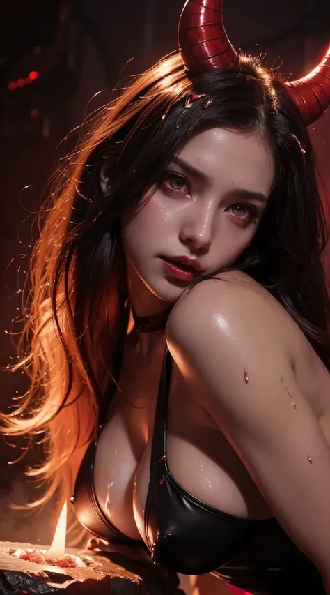 Succubus character, Devil horns, Realistic, Abyss scene, Very beautiful face, Very fine grain, Red glowing eyes, Pink long hair, Sexy Body, Large Breasts, Big Ass, Detailed skin,lots of red gems, Sensual lighting,((( She is being made to cum)))