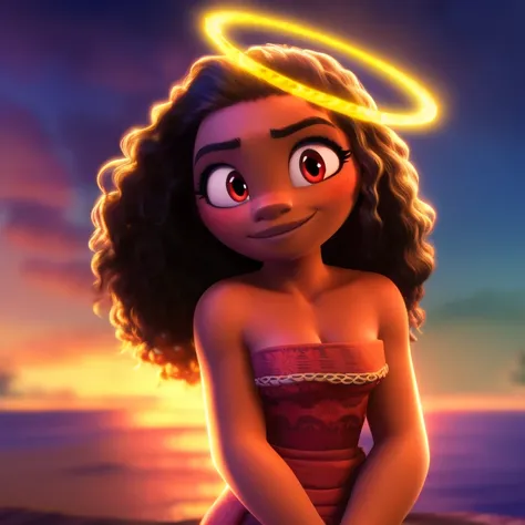 Moana, strapless tight dress, cleavage, curly hair, halo, sunglasses, jewelry, red eyes, longeyelashes, red eyes, smile, shy, blush, high detail, masterpiece, UHD, anatomically correct, super detail, highres, 4K