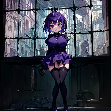 (solo), (1 skinny short girl:1.2), in the dark hall of mansion, (midnight), purple eyes over hair, Gothic Lolita, arms behind back, BREAK, (black short hair), (bursting huge breasts:1.2), (bouncing huge breasts:1.2), pale white skins, (skinny narrow waist)...