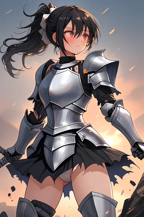 female knight　Black Hair　ponytail　armor　Torn Skirt　White underwear　battlefield