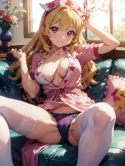 a cartoon of the sexy anime cartoon character is laying down on a couch, 1girl, breasts, solo, nurse, underwear, hoshimiya ichigo, nurse cap, panties, thighhighs, red eyes, white thighhighs, hat, white panties, Blonde hair, spread legs, large breasts, smil...