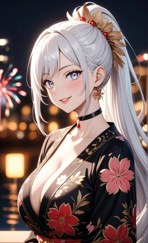 ((One personの女性)), Beautiful Face, (smile shyly), embarrassed,  ((Wink:1.9)), Laugh with your mouth wide open,((Bright red cheeks:1.4)),Shiny red lips,night,横浜のnight景,You can see the ocean, firework,,Glossy pink lips,Facial lighting,((Anime style backgroun...