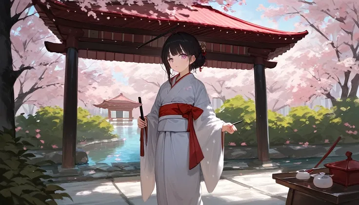 score_9, score_8_up, score_7_up, source_anime, detailed, 8k, cinematic angle, rating safe, wide shot, rainfall, a woman in kimono standing in japanese garden, tree, umbrella, 