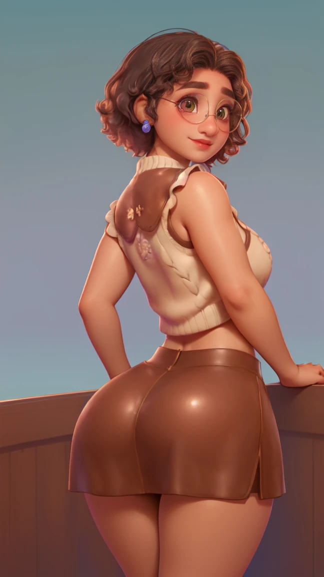 mirabel madrigal, glasses, SMILE, ((sleeveless sweater)), market bottom, (((tube skirt))), (((Brown leather))), detailed skin, perfect legs, perfect thighs, (((curvy body))), big breasts, ((((take from behind, backwards, showing the ass))))