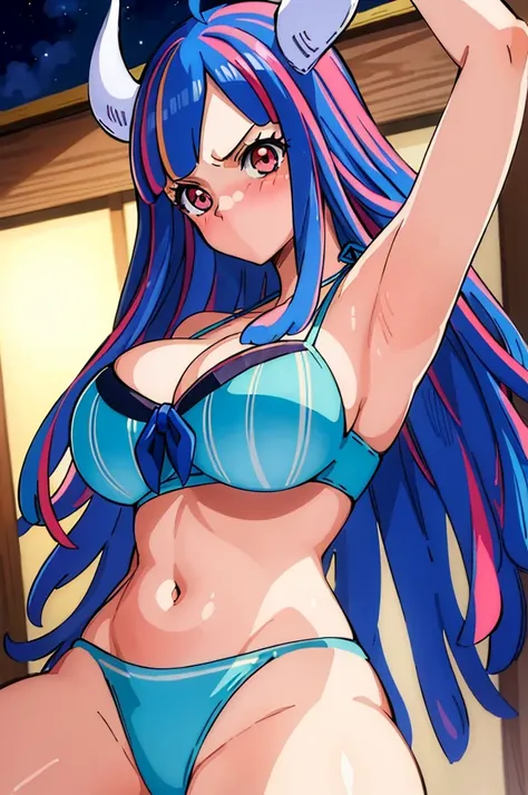 (masterpiece, Highest quality:1.4), Cinematic Light, colorful, High Contrast, (One girl), Alti OP, One Piece Anime, ((Large Breasts)), Multicolored Hair, Long Hair, Blue Hair, Pink Hair, bangs, horn, blush, Underarm, night, Blue Bikini