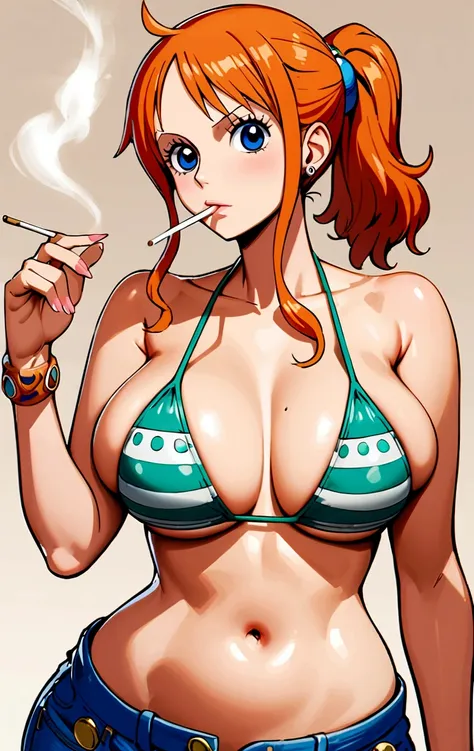 a cartoon picture of a woman in a bikini top and jeans, nami one piece, nami from one piece, nami, beautiful portrait of nami, from one piece, oppai, blue eyes, smoking, ponytail